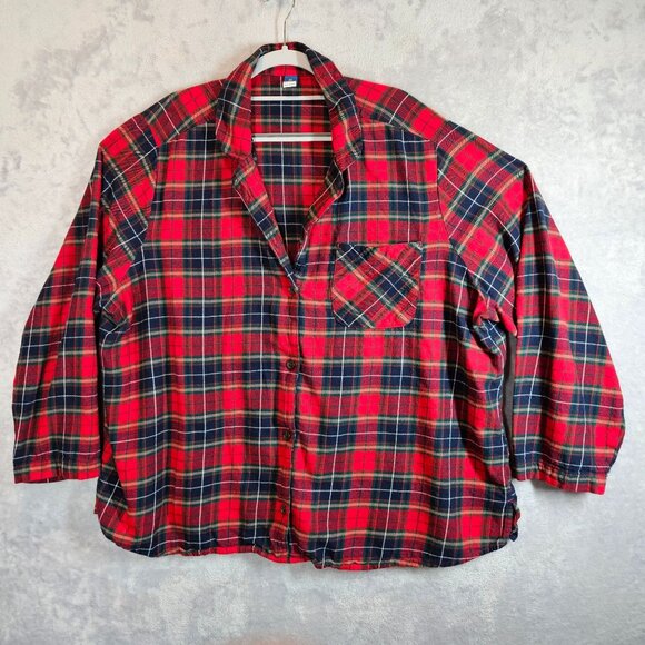 Old Navy Red Navy Plaid Flannel Pajama Set 3X Button-Up Top Drawstring Pants - Picture 2 of 13